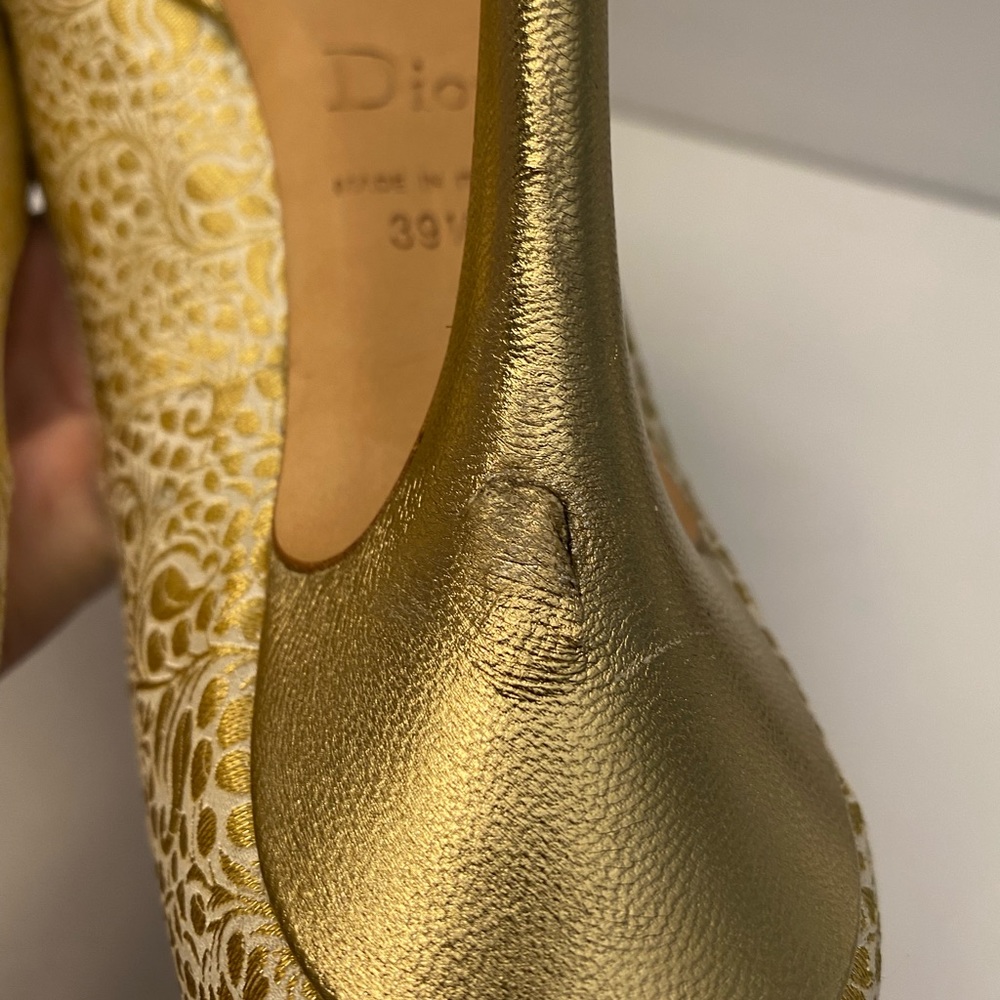 Christian Dior open toe pumps heels fabric leather gold 39.5 - Picture 10 of 14